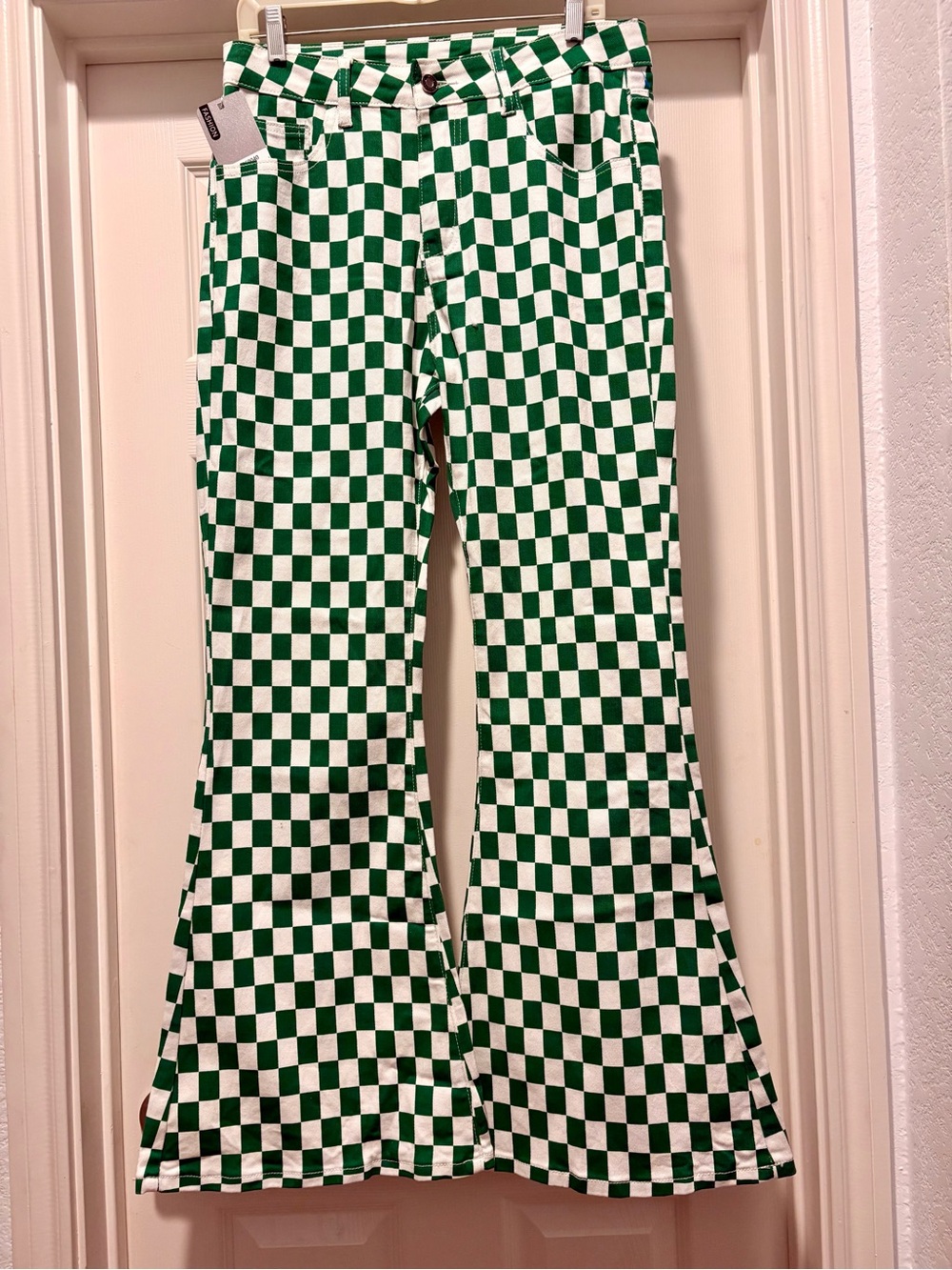 Green & White Checkered Women’s Flare Pants: 30” inseam. Size 12